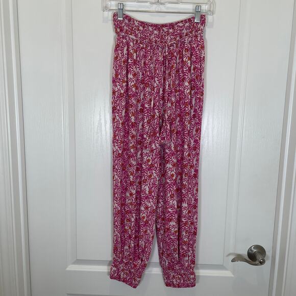 Anthropologie Abstract Floral Smocked Jogger Pants Belt Tie Pink White XS - Picture 2 of 8